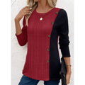 Women's color block ribbed long sleeve top - crew neck button detail patchwork casual shirt