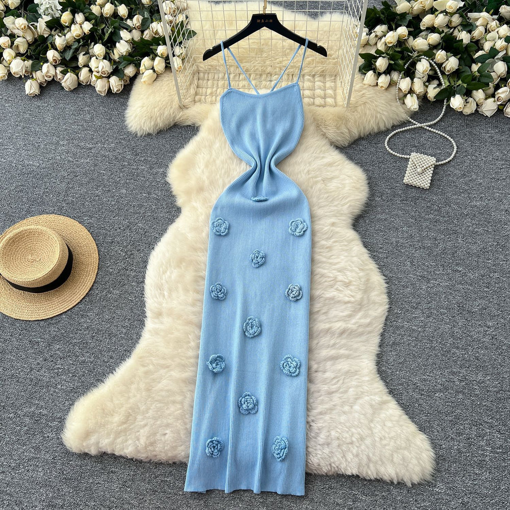 European and american style chic cutout backless halter knit dress - women's figure-hugging maxi dress with 3d floral appliqués
