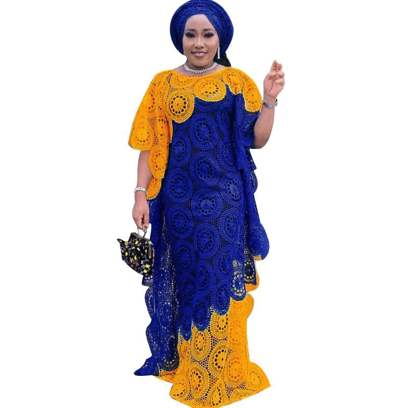 Export african women's plus size embroidered lace color block loose batwing sleeve robe maxi dress