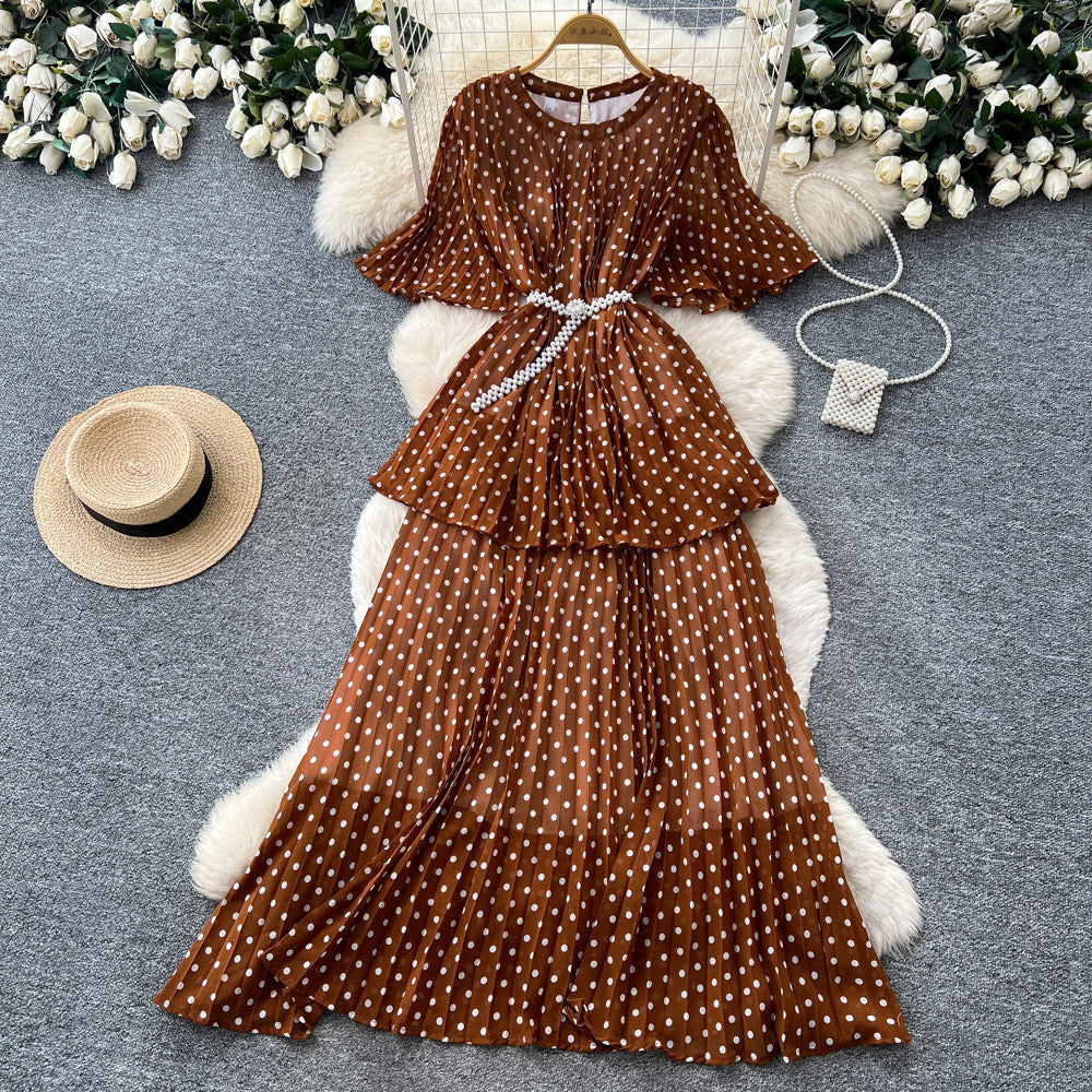 French red polka dot short-sleeve a-line dress - women's summer slimming cake dress - elegant commute maxi dress