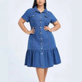 summer fashion cross-border  independent station short sleeve lapel casual style women's denim dress