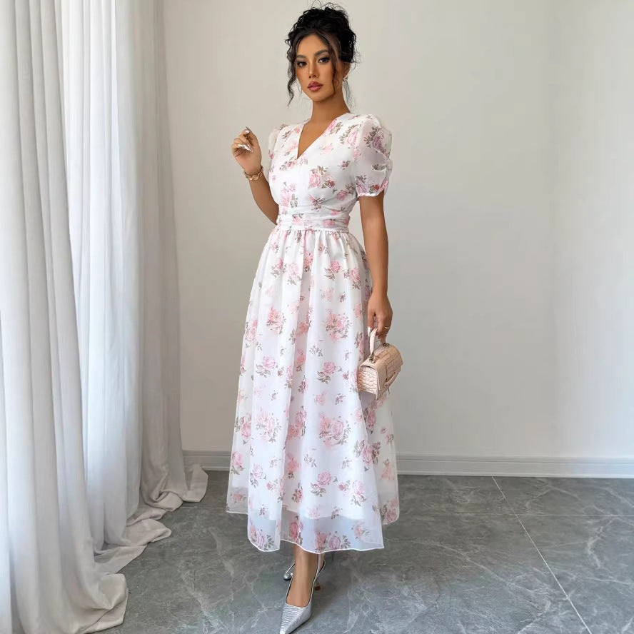 new european and american style bubble sleeve floral print v-neck midi dress