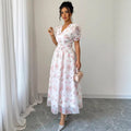 new european and american style bubble sleeve floral print v-neck midi dress