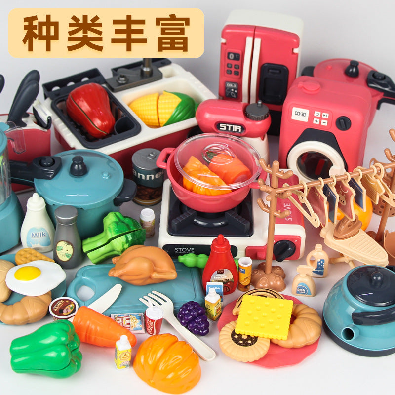 Realistic kitchen pretend play set for babies - mini cooking playset with table, utensils, appliances, and small fridge
