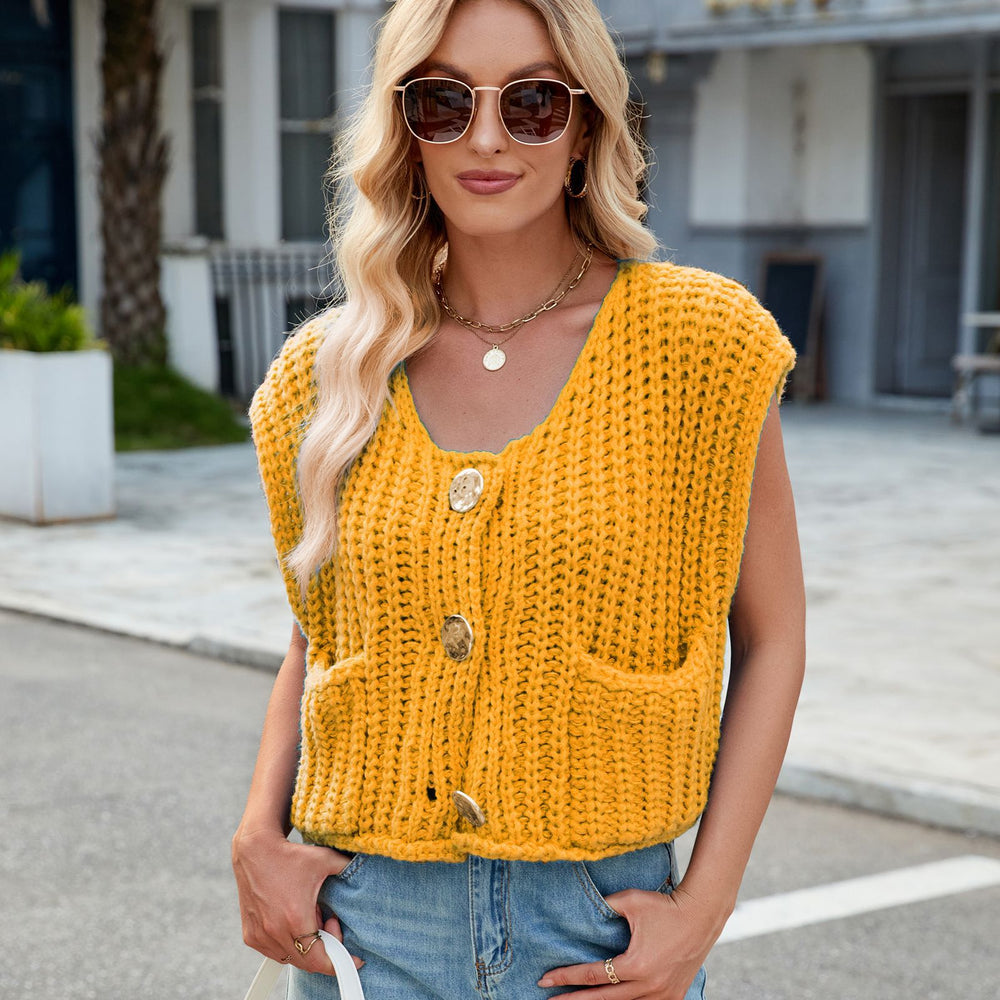 Fashion cross-border women's clothing  independent station new v-neck three-button sleeveless cardigan sweater vest