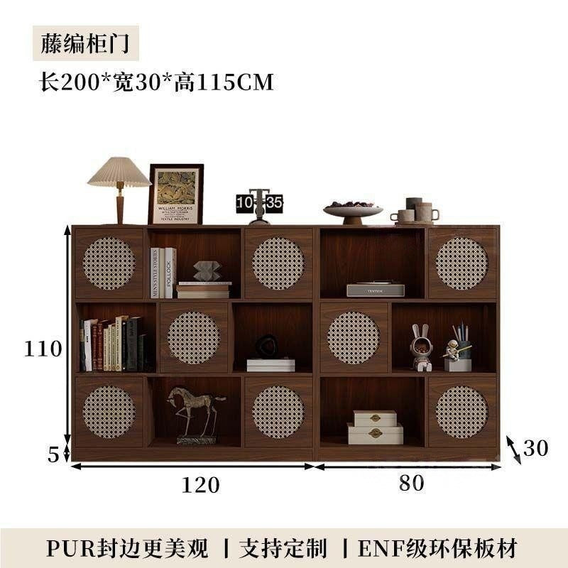 Half wall solid wood bookcase low cabinet storage cabinet all-in-one living room side cabinet combination cabinet storage rack color matching rattan bookshelf