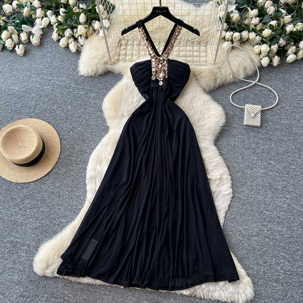 Accessible luxury diamond halter pure desire style dress women's summer black v neck waist slimming look large swing long skirt vacation style