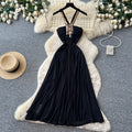 Accessible luxury diamond halter pure desire style dress women's summer black v neck waist slimming look large swing long skirt vacation style