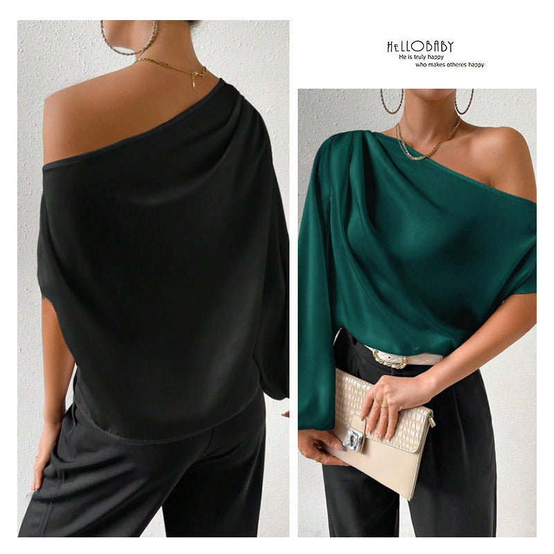 Export oblique shoulder t-shirt sexy off-shoulder loose off-shoulder elegant women's clothing  cross-border fashion oblique collar tops
