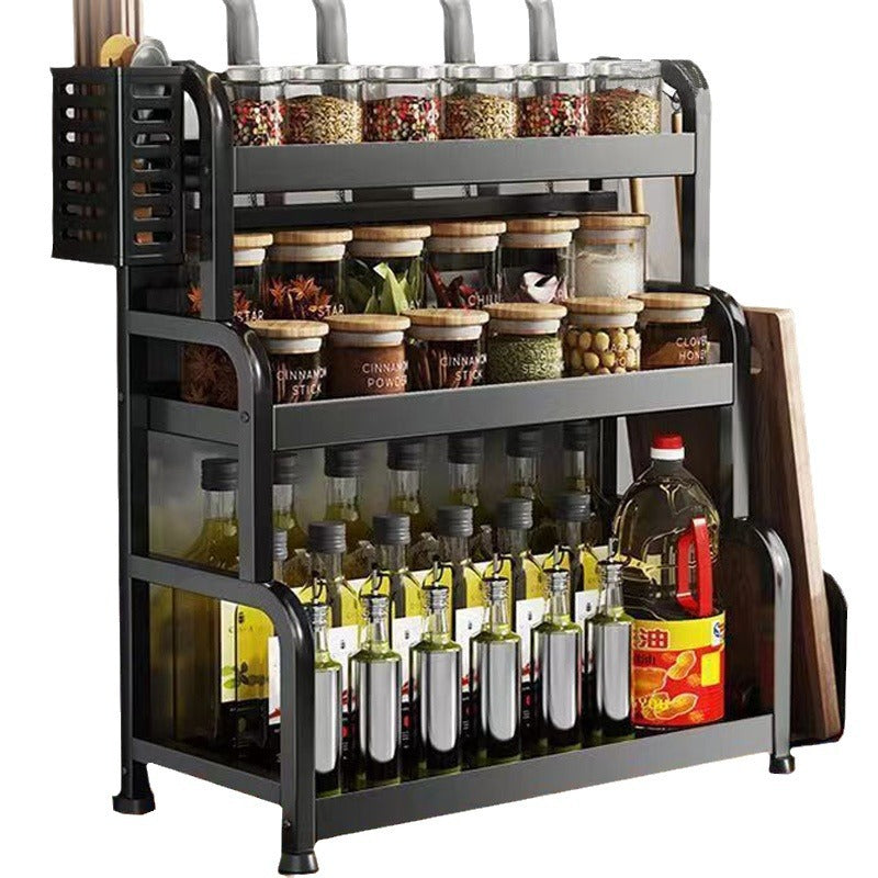 Gunmetal kitchen spice rack - countertop organizer for utensils, chopsticks, knives, salt, and condiments - multi-tier storage shelf