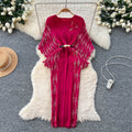 Miya pleated european and american dress - fashionable 3d floral tie-waist printed pleated slim-fit batwing sleeve maxi dress