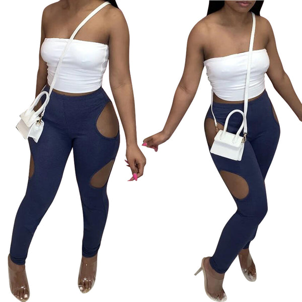 5449  2021 new personalized hollow solid color beltless tight pencil spring and summer casual trousers
