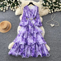 French romantic purple floral print dress - women's spring/autumn long sleeve, slim fit, tiered cake dress - vacation style maxi dress