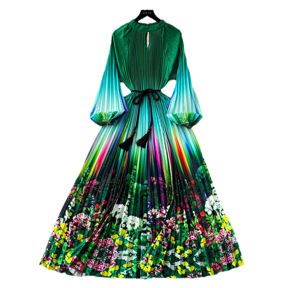 European and american niche style printed dress - women's new autumn collection - tie-waist, lantern sleeves, pleated, maxi dress with a-line skirt