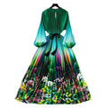 European and american niche style printed dress - women's new autumn collection - tie-waist, lantern sleeves, pleated, maxi dress with a-line skirt