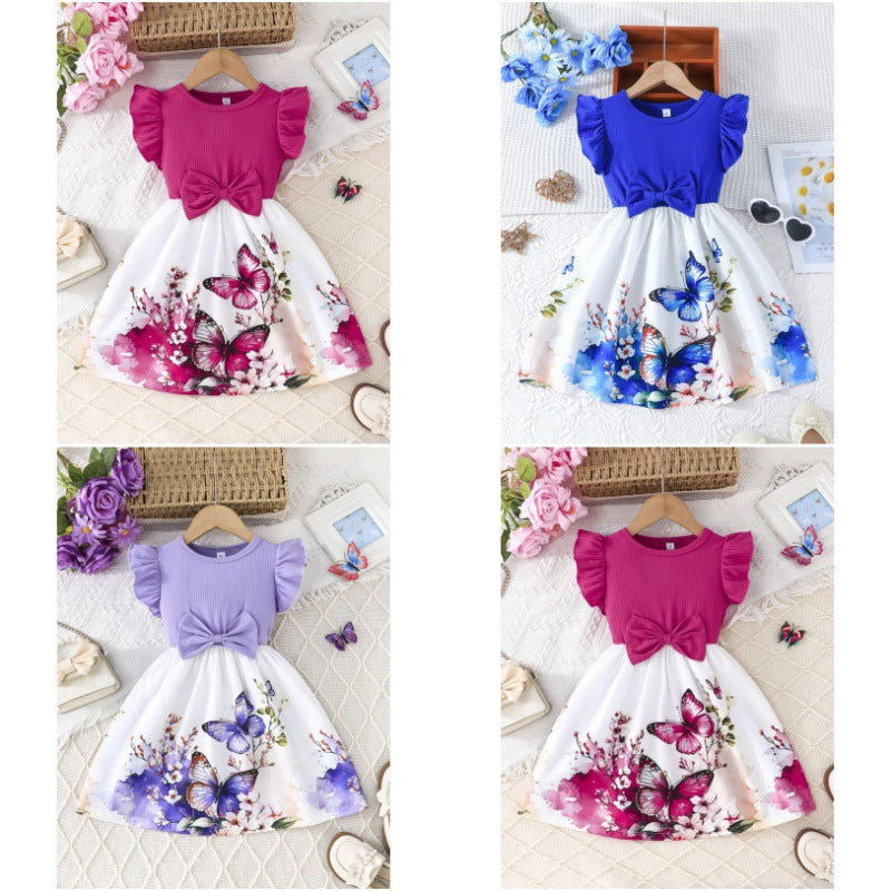25 years of cross-border expertise – new girls' summer flutter sleeve dress: solid color top with floral print skirt