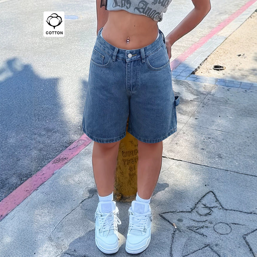 European and american street style workwear denim half length pants women's washed blue loosestraight-leg mid-pants casualeasiest for match wide-leg denim
