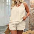 plus sizepure colortwo-piece setv neckhalterloose belly-covering vest texture layeredcasual