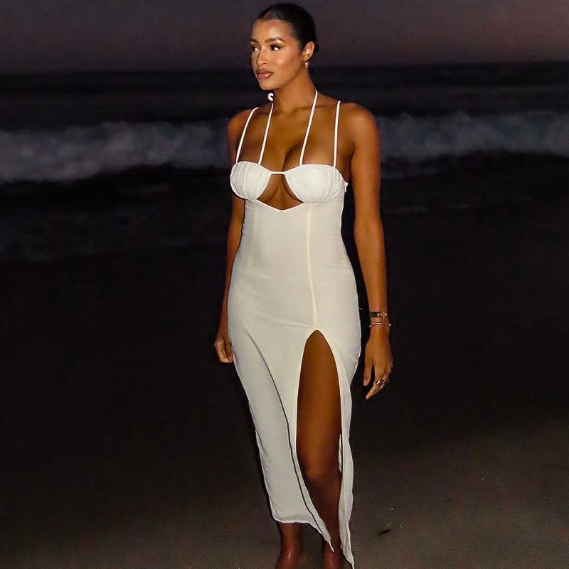 Fashion styleexportcut outpure color hip-covering slit asymmetrical skirt silmbacklesshalterlongdress women's clothing trend