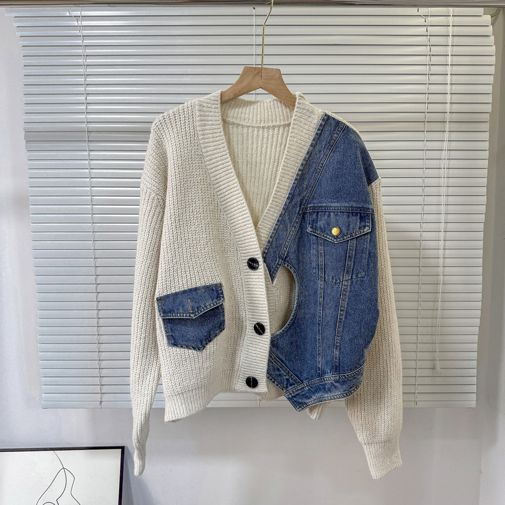fall/winter new knit & denim patchwork cardigan - irregular design, relaxed fit, trendy women's outerwear