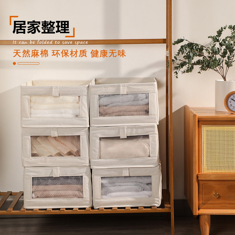 2025 Japanese-style large windowable cotton and linen storage box foldable household fabric storage for clothes and clothing