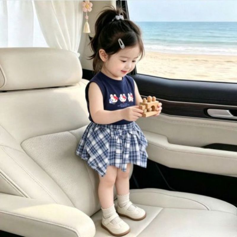 【dropshipping】summer  tank top set - sleeveless new girls' summer outfit with stylish printed cartoon mini skirt