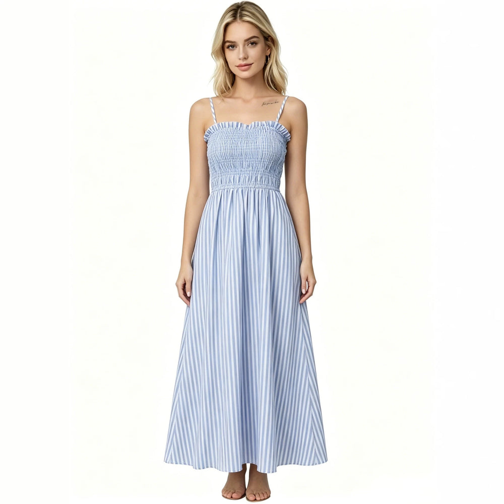 cross-border fashion blue and white striped summer new bandeau cami dress