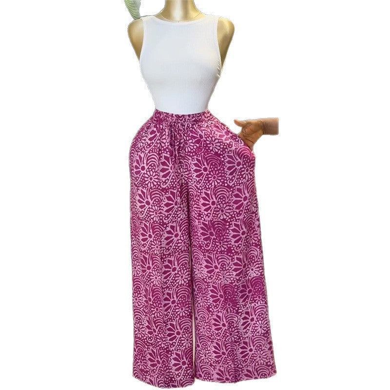 European and american women's clothing  autumn new sweet and fresh printed drawstring design high-waisted slimming wide-leg pants
