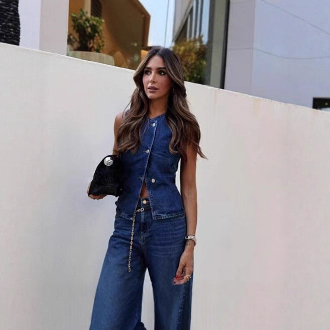 Amazon  fashion cross-border women's clothing  new denim sleeveless vest fashion wide leg denim suit