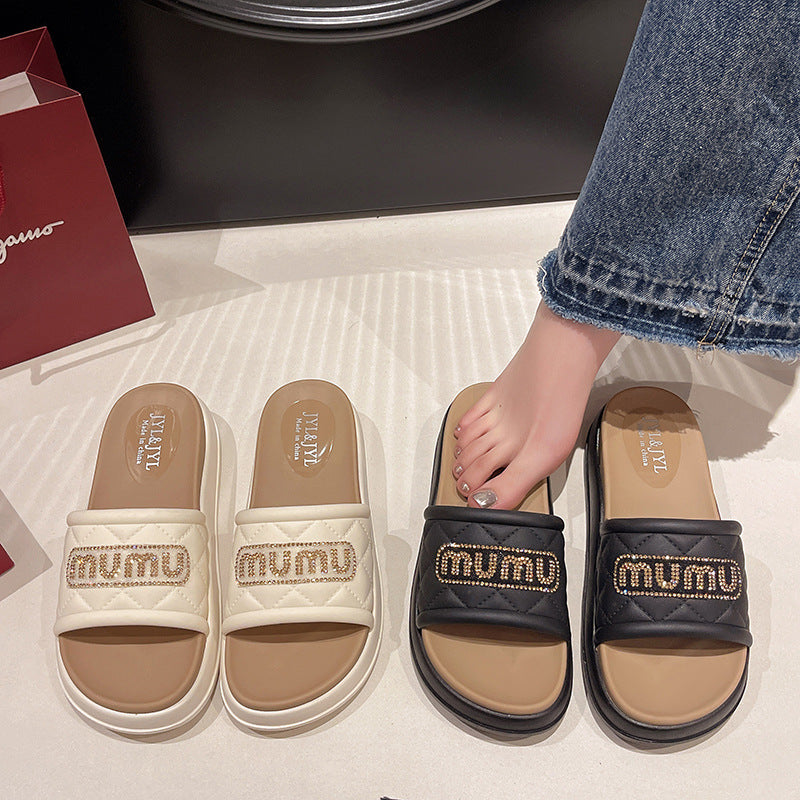 2024 new women's summer korean style hot seller rhinestone two-tone platform slippers - indoor/outdoor non-slip trendy beach wedge sandals
