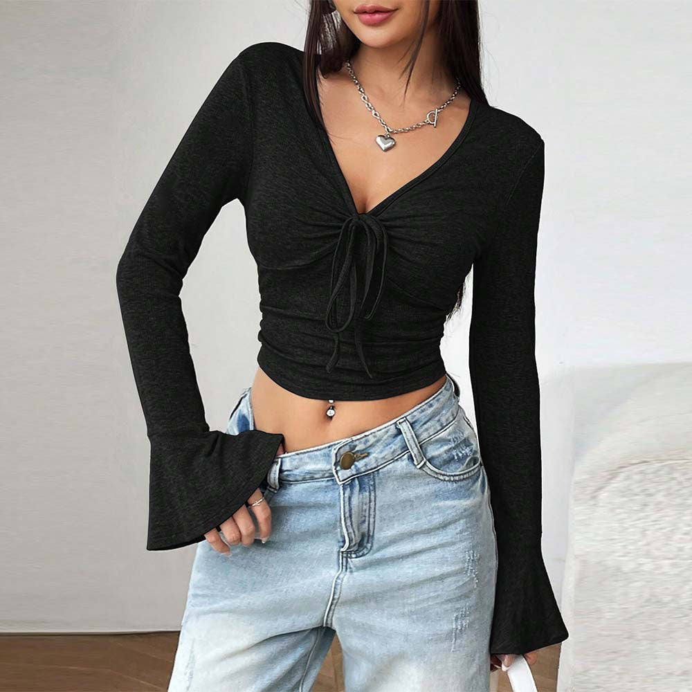 European and American  women's clothing V-neck horn-sleeved T-shirt summer new elegant style solid color pullover long-sleeved short top women
