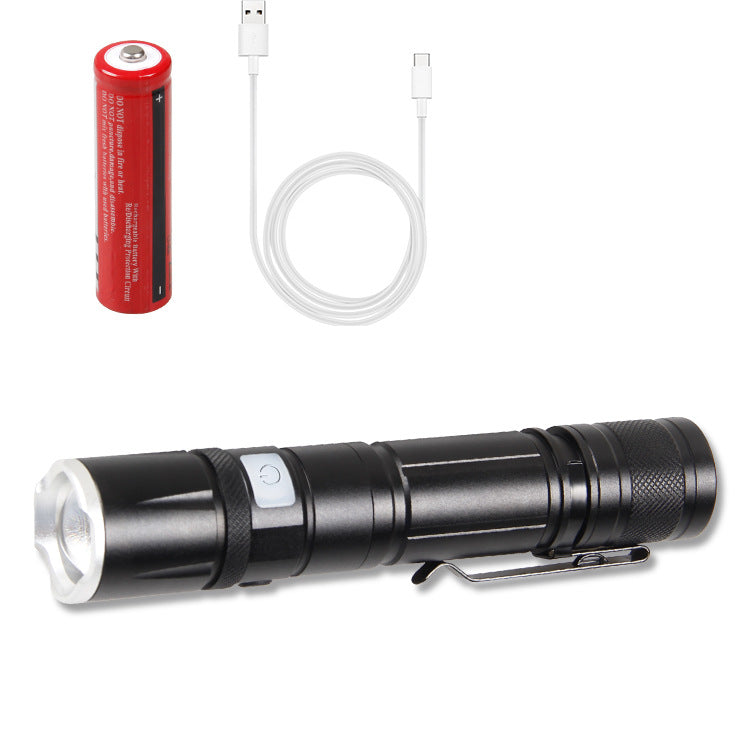 Cross-border new XHP50 strong light USB charging power display LED retractable zoom flashlight with pen buckle