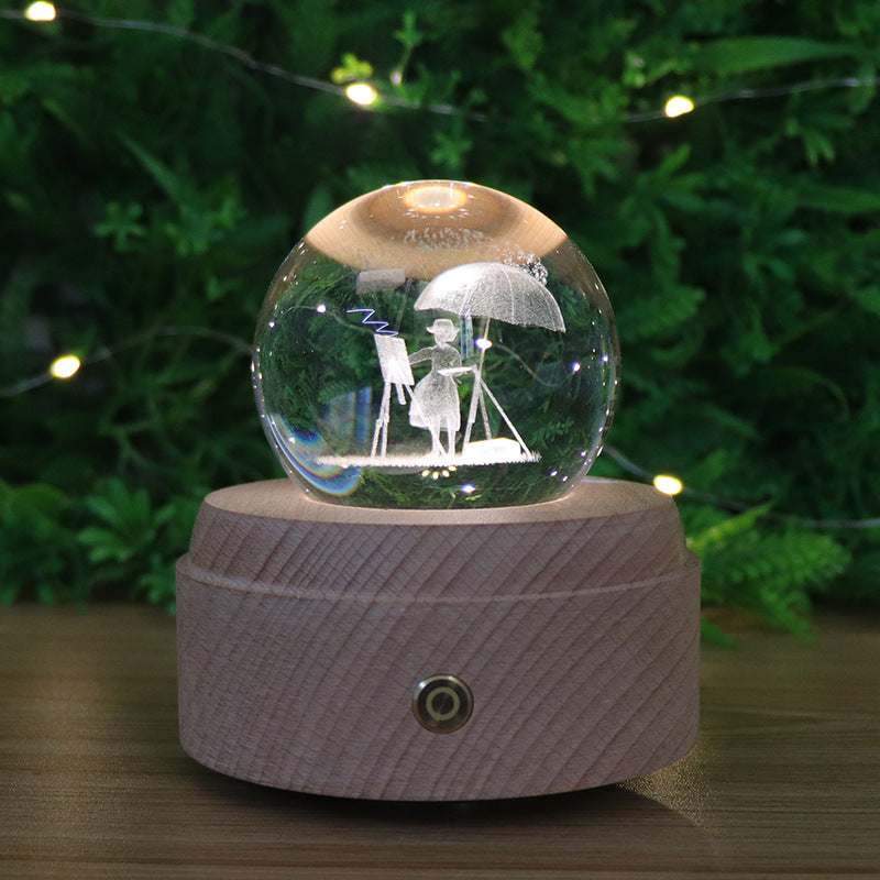 Touch dimming charging night light 3D crystal ball ambient light rotating music box bedroom ornament