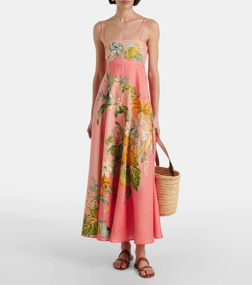 cross-border  women's new elegant high-waisted cotton linen printed camisole casual fashion dress