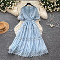 French chic a-line dress - women's summer korean style short sleeve waist-defining lace trim maxi dress