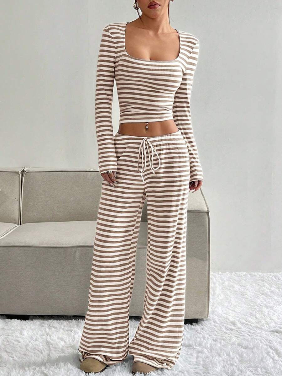 2025 european and american cross-border amazon aliexpress autumn/winter new striped high-waisted slimming wide-leg pants set for women