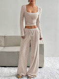 2025 european and american cross-border amazon aliexpress autumn/winter new striped high-waisted slimming wide-leg pants set for women