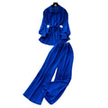 Light mature style casual strappy waist long sleeves single-breasted shirt women's high waist wide-leg straight-leg pants loose two-piece set