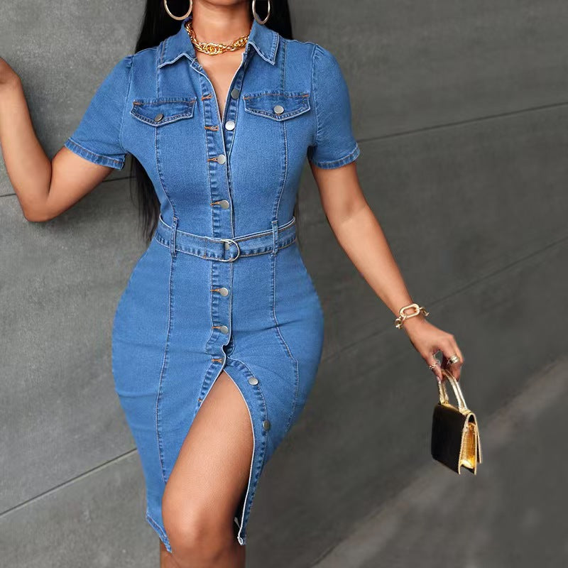 Exportfashion cross-border  denim lapel short-sleeved skirt waist bag hip silm denim dress for women