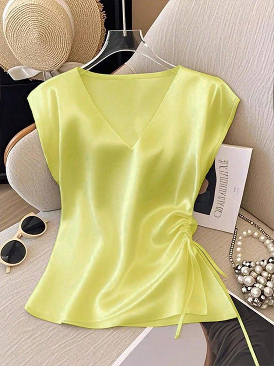 Amazon cross-border fashion independent station women's spring winter new arrival satin shirt v neck drawstring satin tops