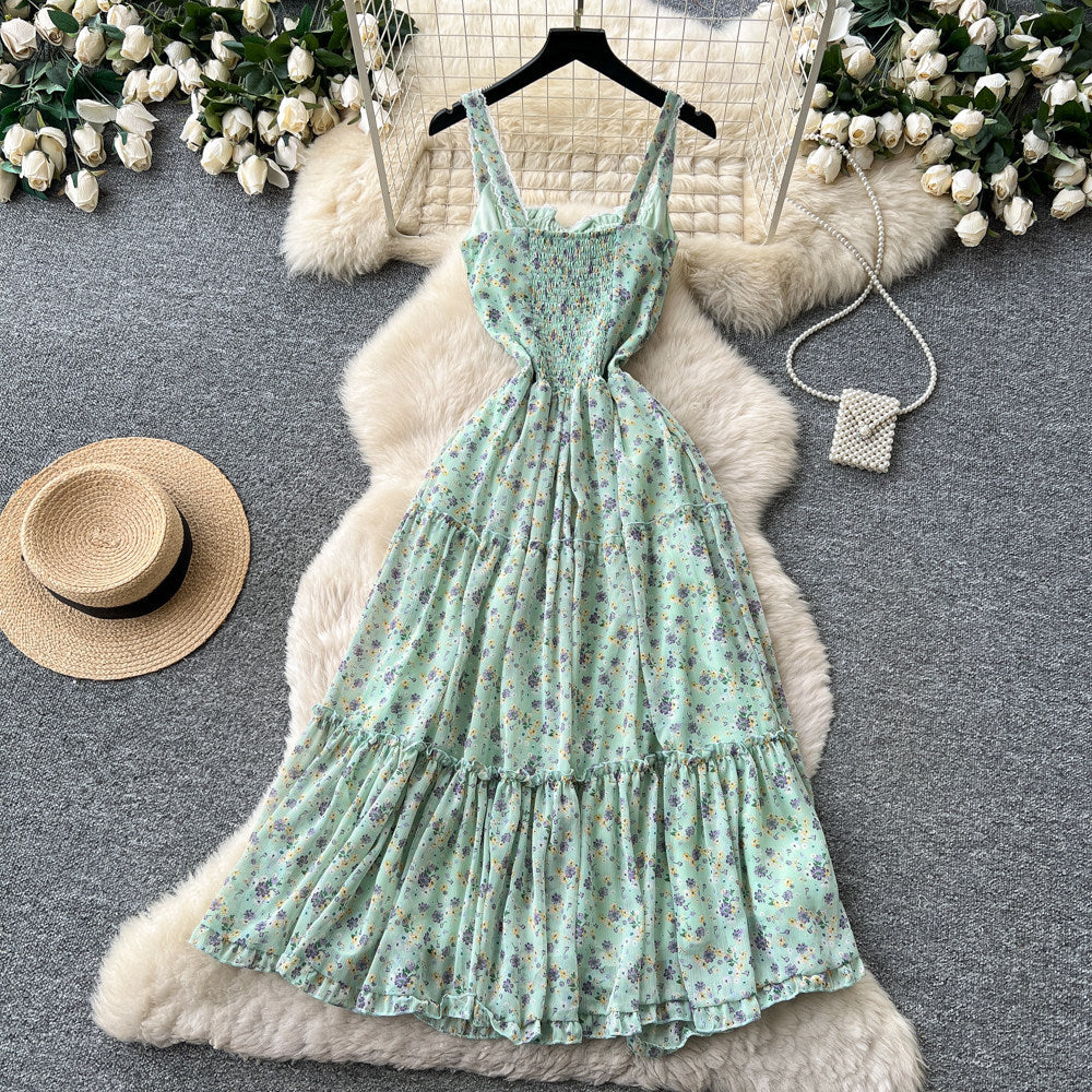 French sweet floral print cami dress - women's summer mint green lace trim, slim fit, vacation maxi dress