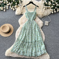 French sweet floral print cami dress - women's summer mint green lace trim, slim fit, vacation maxi dress