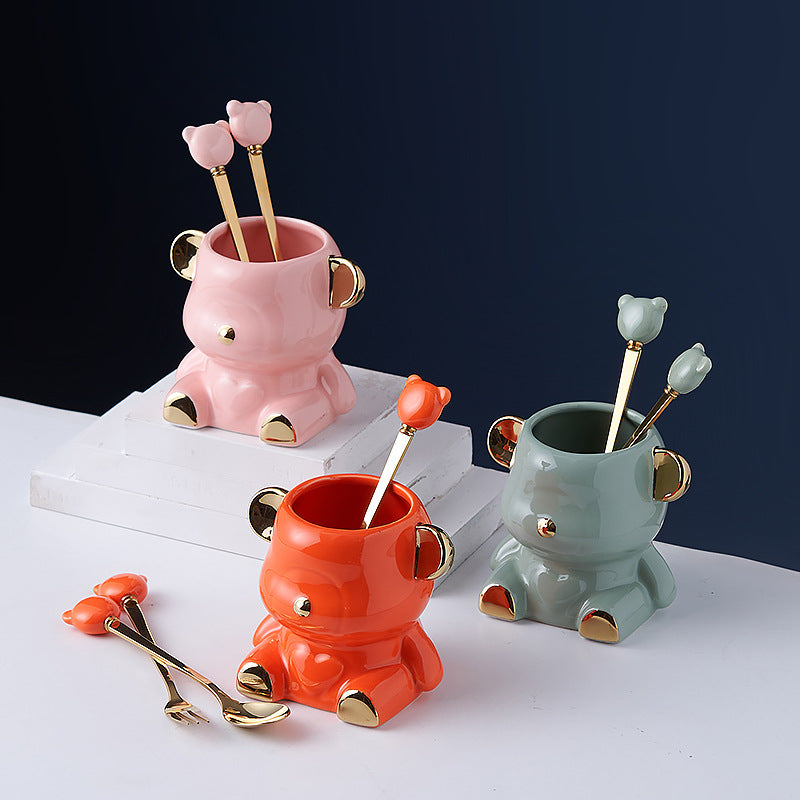 Bear fruit fork suit high-looking electroplated ceramic storage jar stainless steel fork spoon combination fruit pick jar wholesale