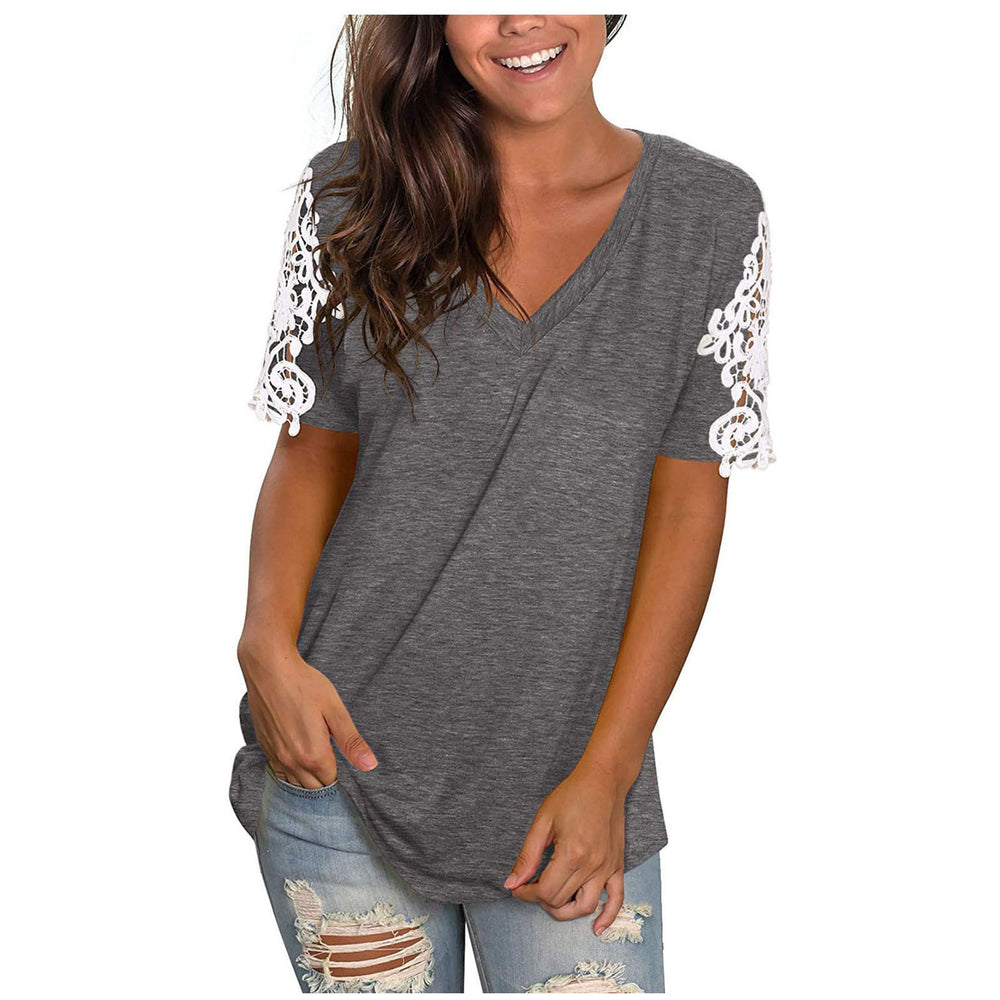 new women's lace short sleeve v-neck t-shirt - relaxed fit casual top with patchwork design