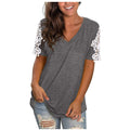 new women's lace short sleeve v-neck t-shirt - relaxed fit casual top with patchwork design