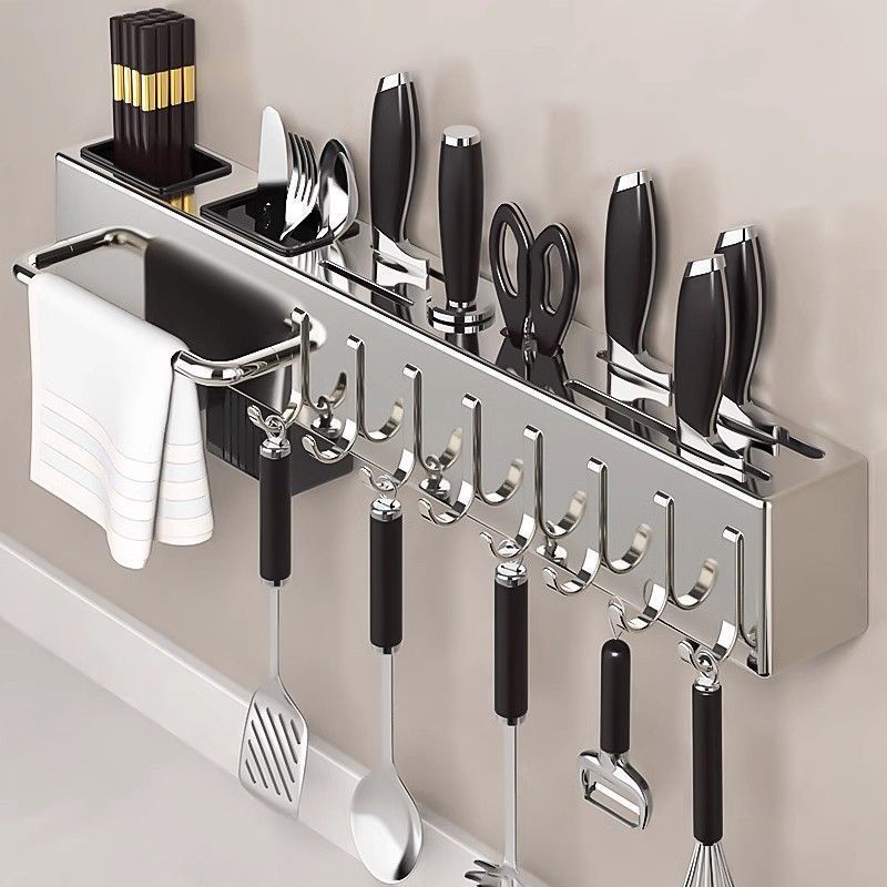 Stainless steel knife holder Kitchen knife rack No punching Multifunctional kitchen knife chopsticks storage rack Wall hanging knife holder