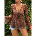 Shipped: new european and american cross-border versatile mesh print deep v-neck slim-fit long sleeve top - ideal for independent e-commerce stores