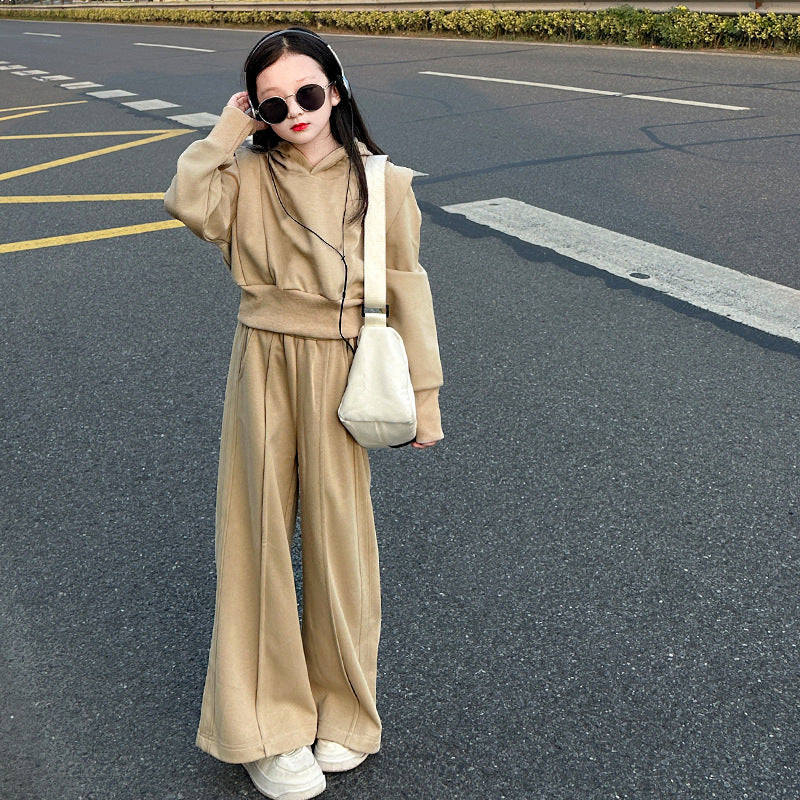 Girls' outfit set:  spring/autumn new arrival - casual hooded jacket & loose straight-leg pants, trendy two-piece set for mid-to-large children