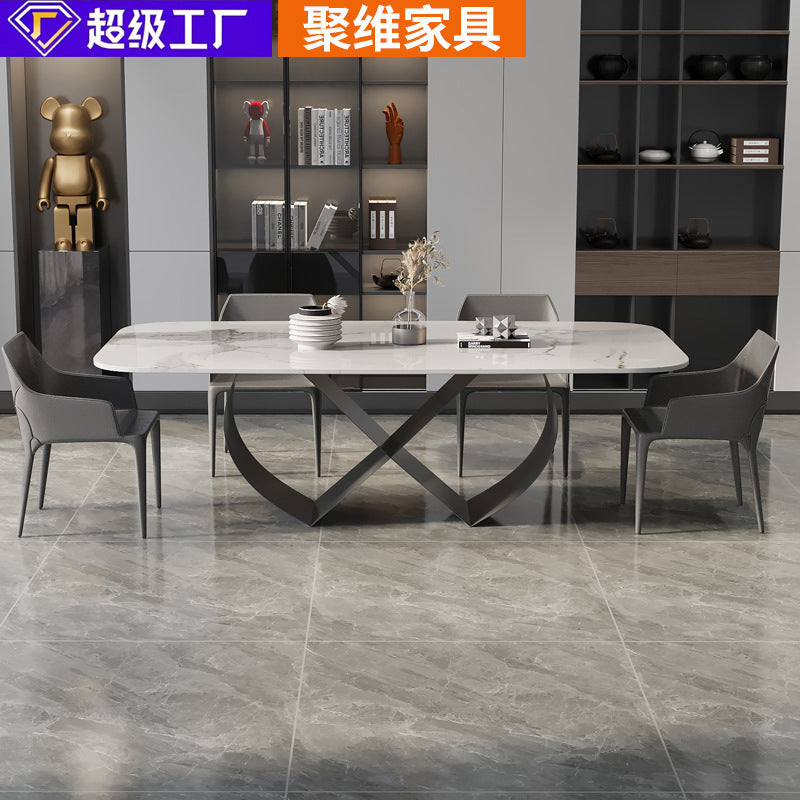 Factory direct wholesale customizable light luxury glossy sintered stone dining table, modern minimalist rectangular dining table with carbon steel frame