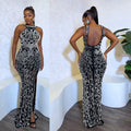 C6679 cross-border   fashion women's solid color hotfix rhinestone slit backless maxi dress